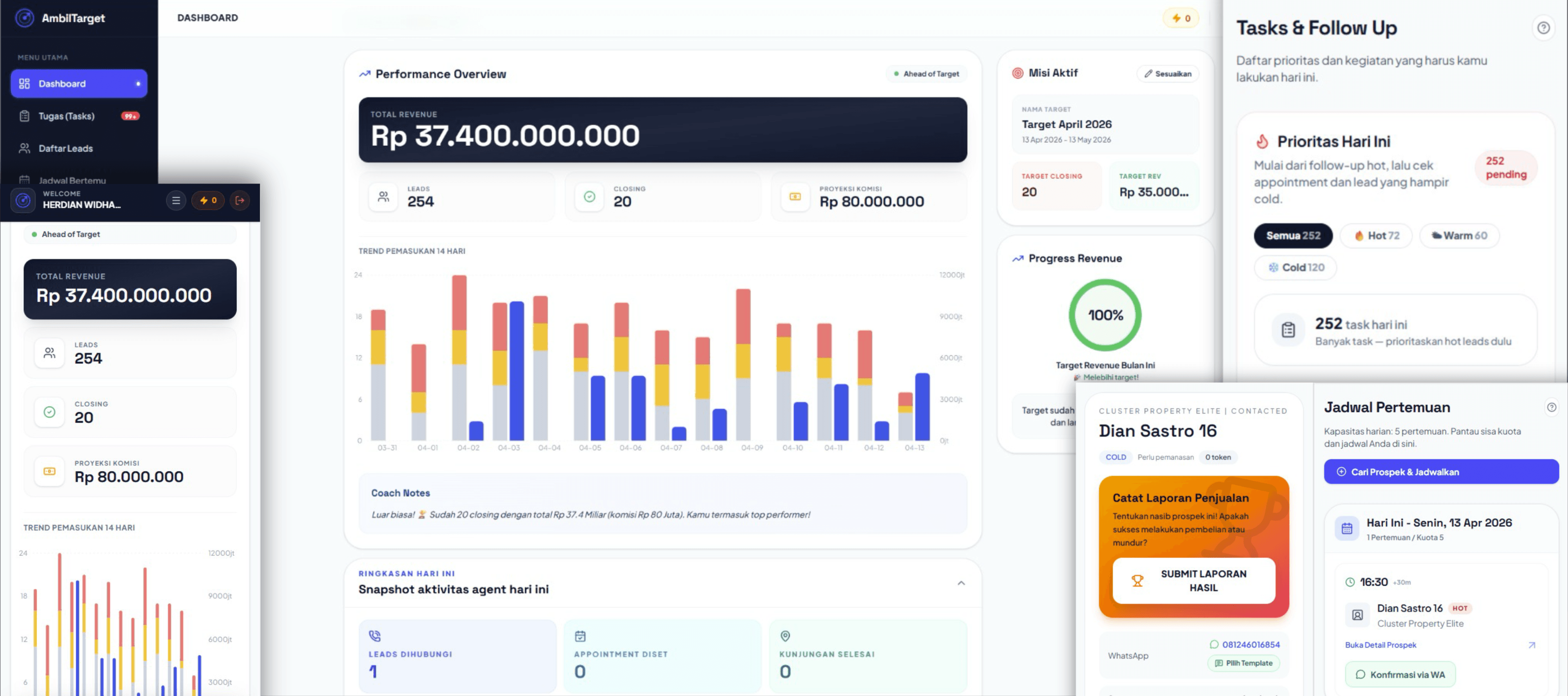 Dashboard AmbilTarget untuk mengelola prospek, follow-up, dan pipeline